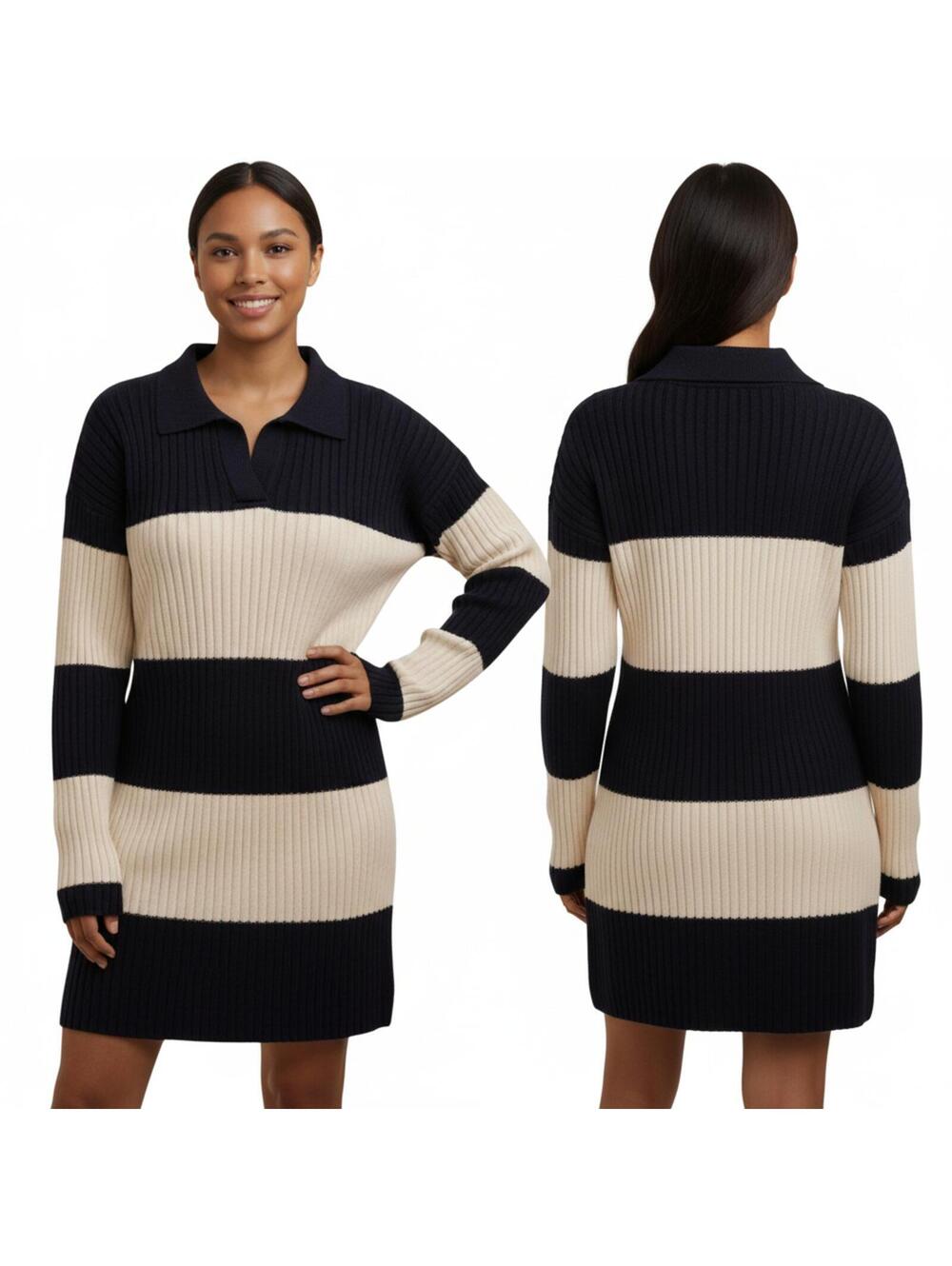 Striped Knit Sweater Dress Navy Blue Cream Long Sleeve Collared Casual
